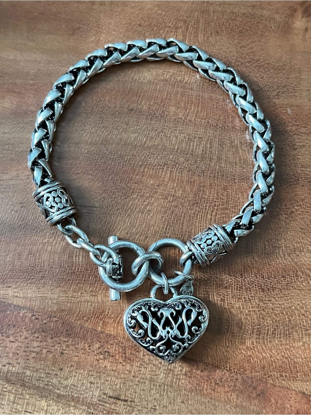 Premier Designs silver-tone toggle bracelet foxtail chain filigree heart charm